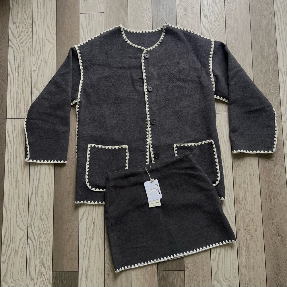 Chic Black and White Trim Cardigan and Skirt Set